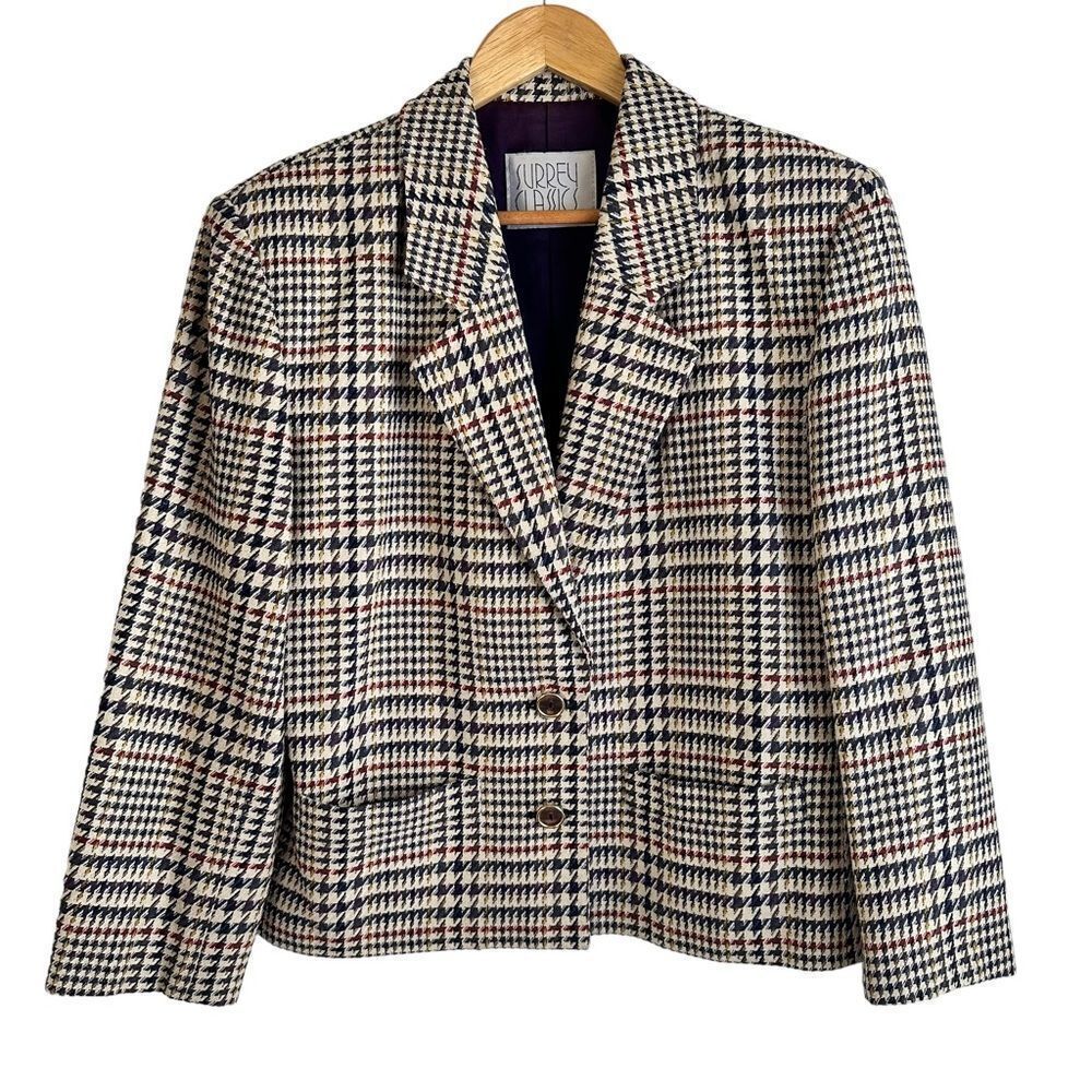 Surrey Classics Vintage Tan and Purple Houndstooth Check Silk Wool Blend Blazer